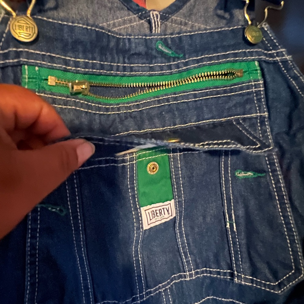 Liberty Blue Denim Overalls with Green Details